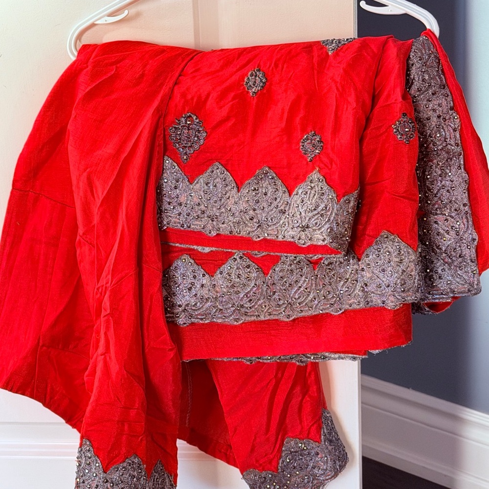 Red and Silver Embellished Fabric